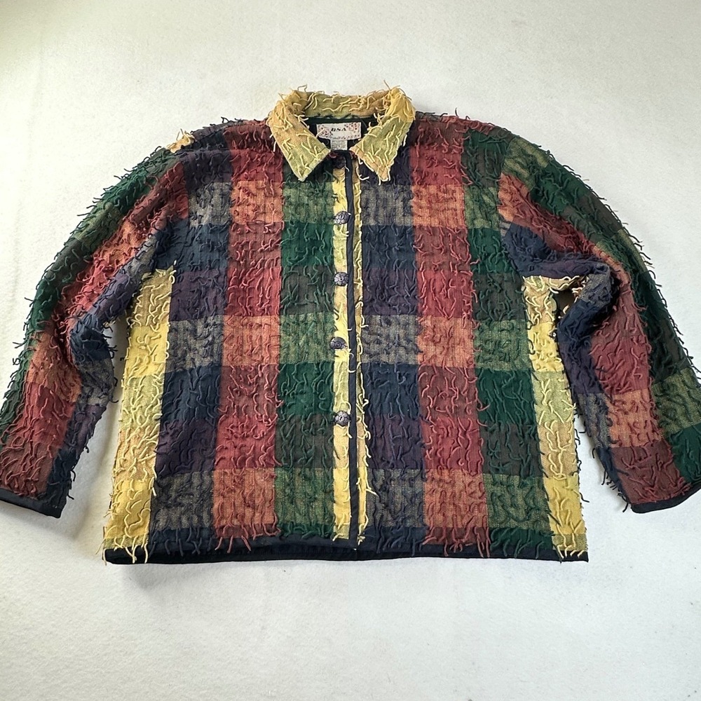 BSA Womens Plaid‎ Textured Button Up Jacket Size L Multi Color